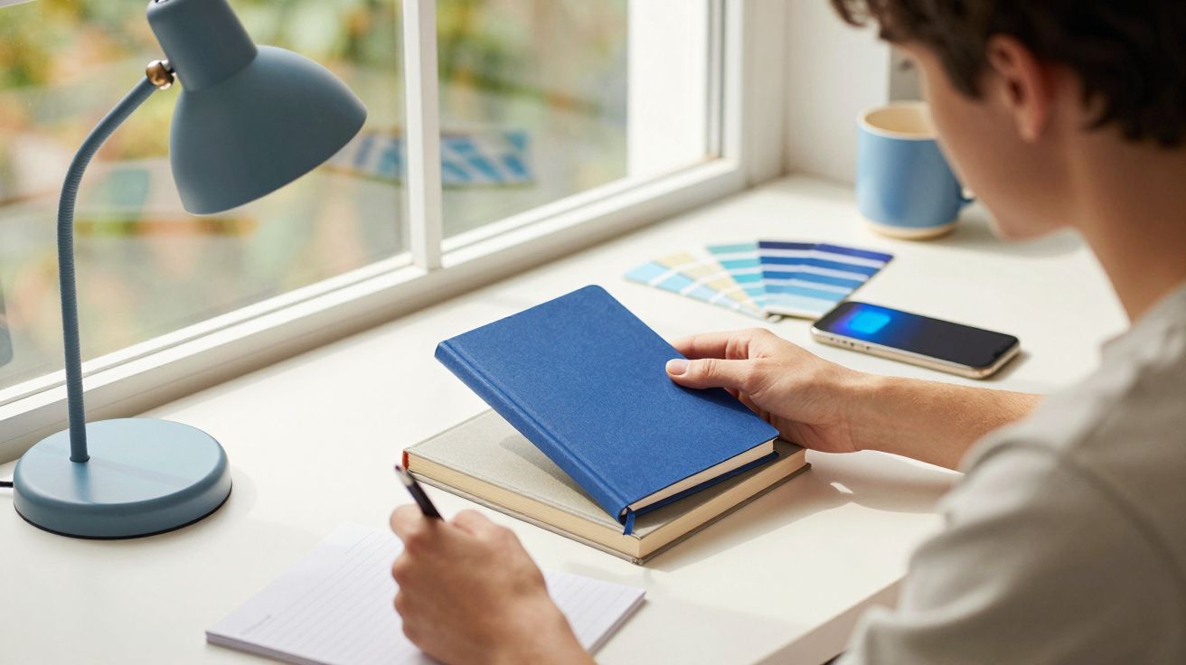 Osoba przy biurku, pisząca w notatniku, trzymając niebieski zeszyt. Na biurku lampa, smartphone i paleta kolorów.