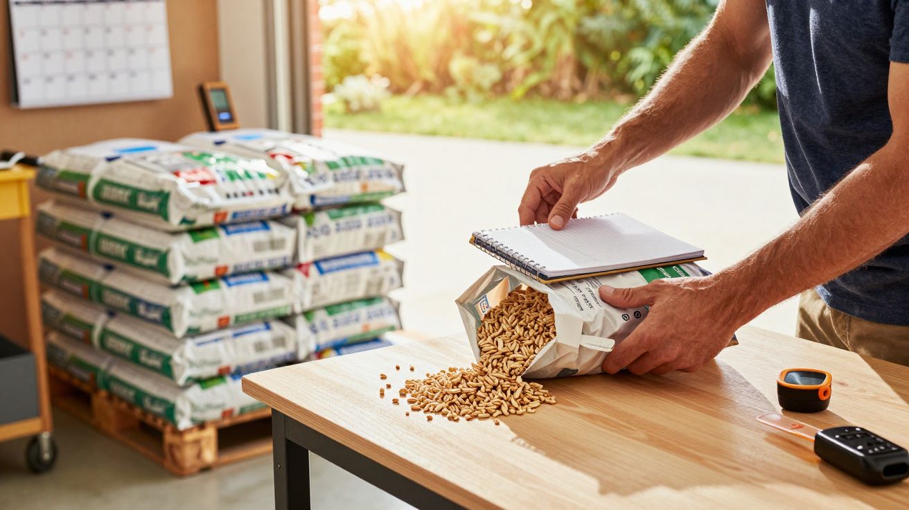 Mężczyzna na stole sypie ziarna z torby, trzymając notatnik. W tle stos worków z peletami.