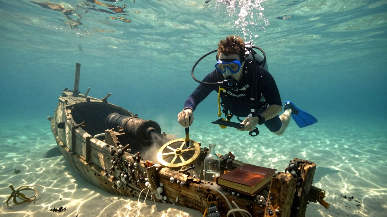 Nurek bada podwodny wrak z książką, kolbą i drewnianym kołem w przejrzystej wodzie.