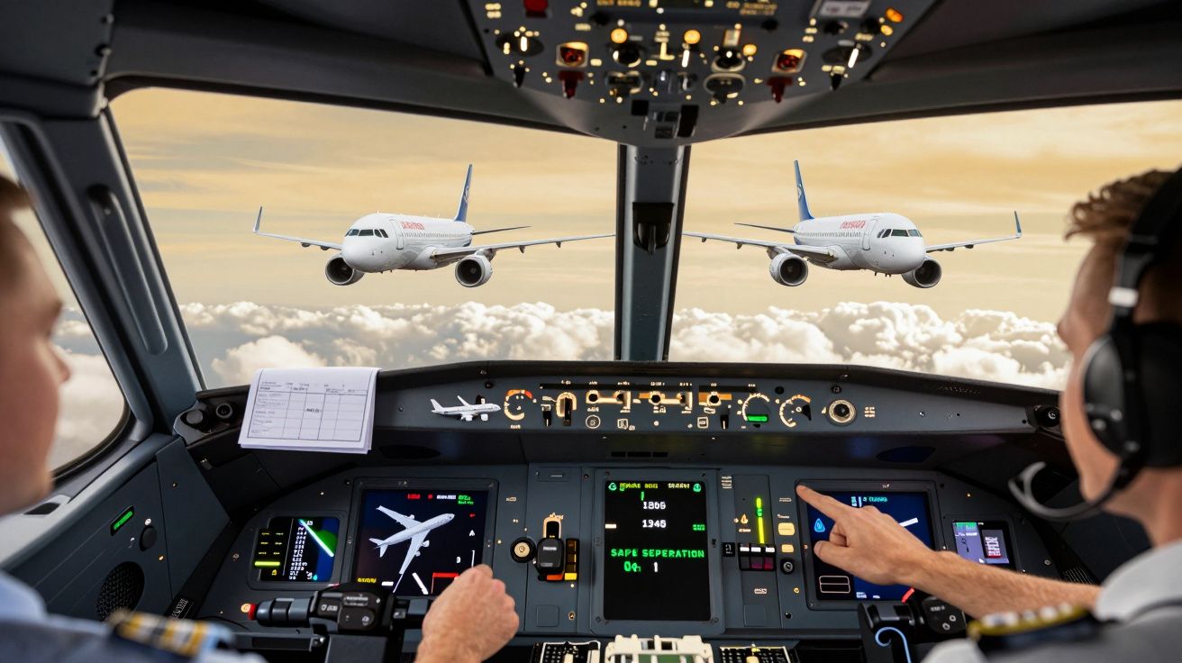 Widok z kabiny samolotu; dwóch pilotów, dwa samoloty na zewnątrz na tle chmur.