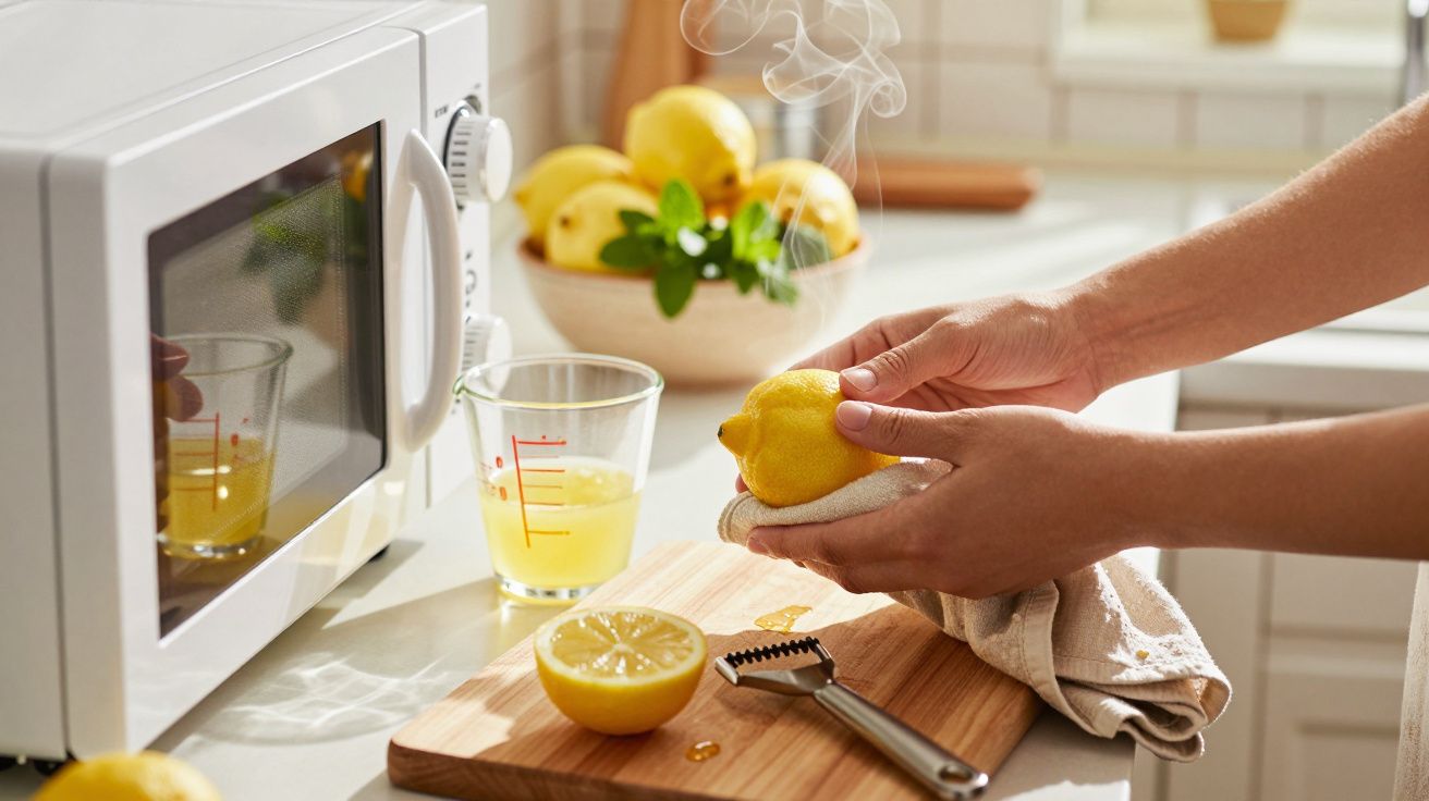 Osoba trzyma cytrynę w kuchni, obok mikrofalówki i miski z cytrynami, na desce sok i tarka.