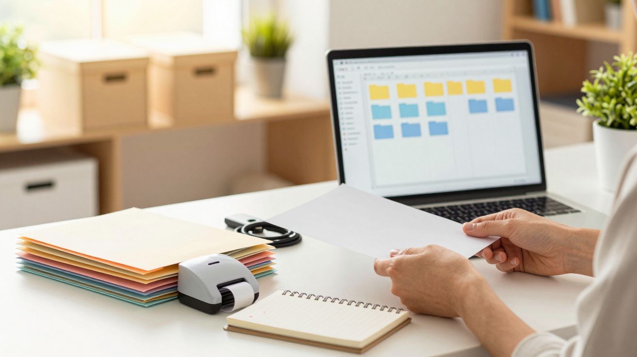Osoba trzymająca kartkę nad biurkiem z notebookiem, laptopem z folderami i kolorowymi teczkami.