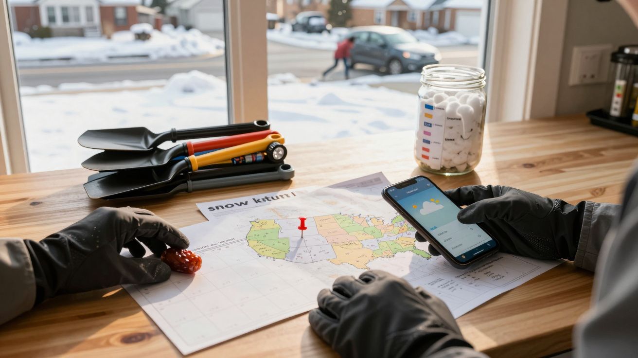 Mężczyzna w rękawiczkach planujący trasę na mapie, trzyma smartfon, obok leżą łopaty i słoik.