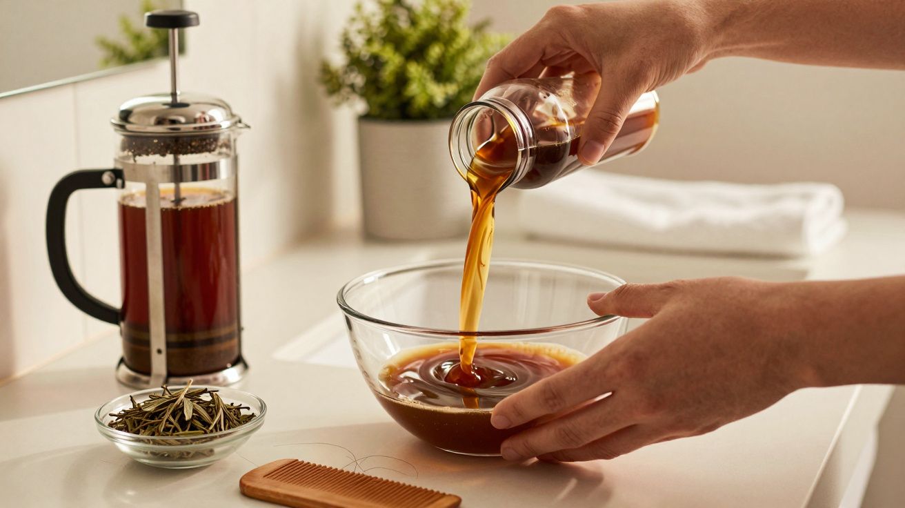 Osoba nalewa brązowy płyn do miski na tle zaparzacza do kawy i suszonych liści.