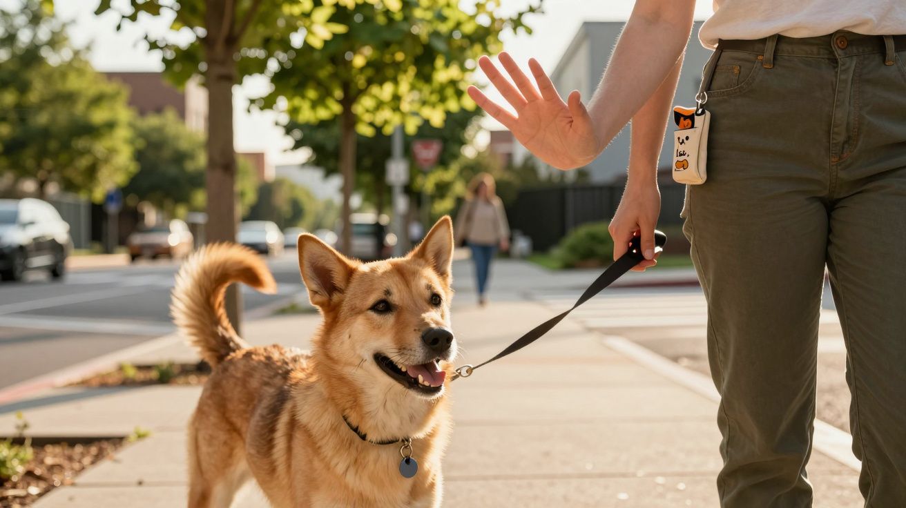 Osoba spacerująca z psem na smyczy w słoneczny dzień na chodniku, drzewo i inne osoby w tle.