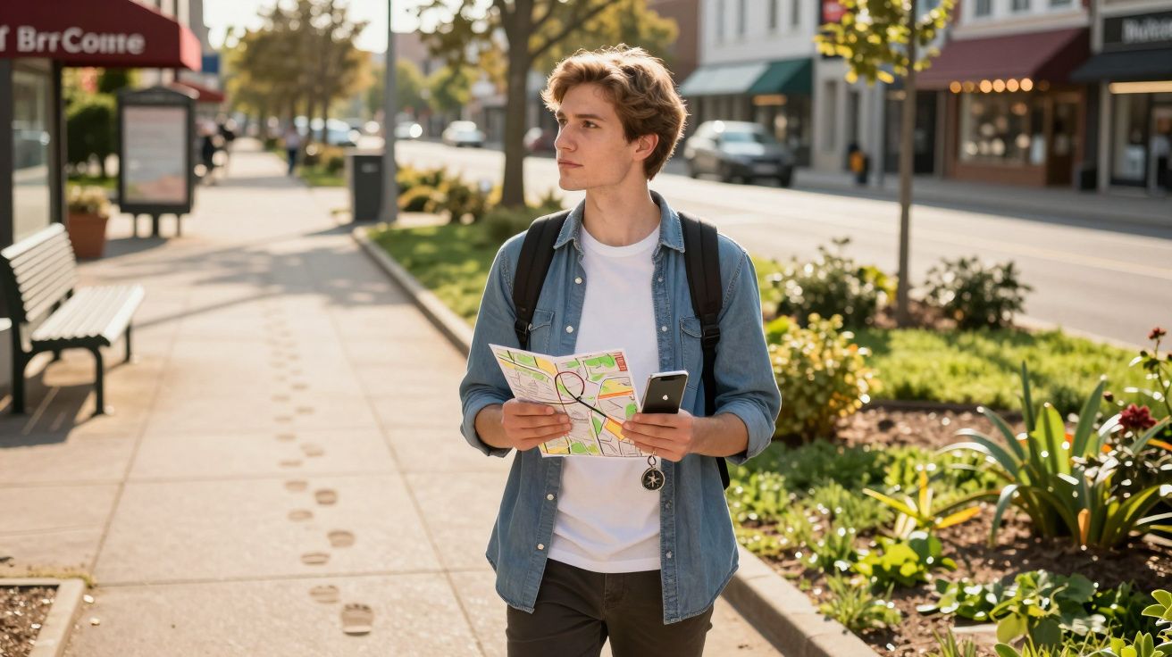 Młody mężczyzna z plecakiem trzyma mapę i telefon, spacerując ulicą w słoneczny dzień.