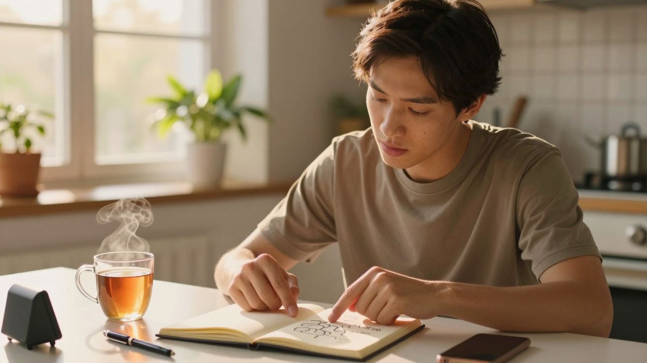 Mężczyzna siedzący przy stole, czytający książkę, obok filiżanka herbaty, smartfon i długopis na biurku.