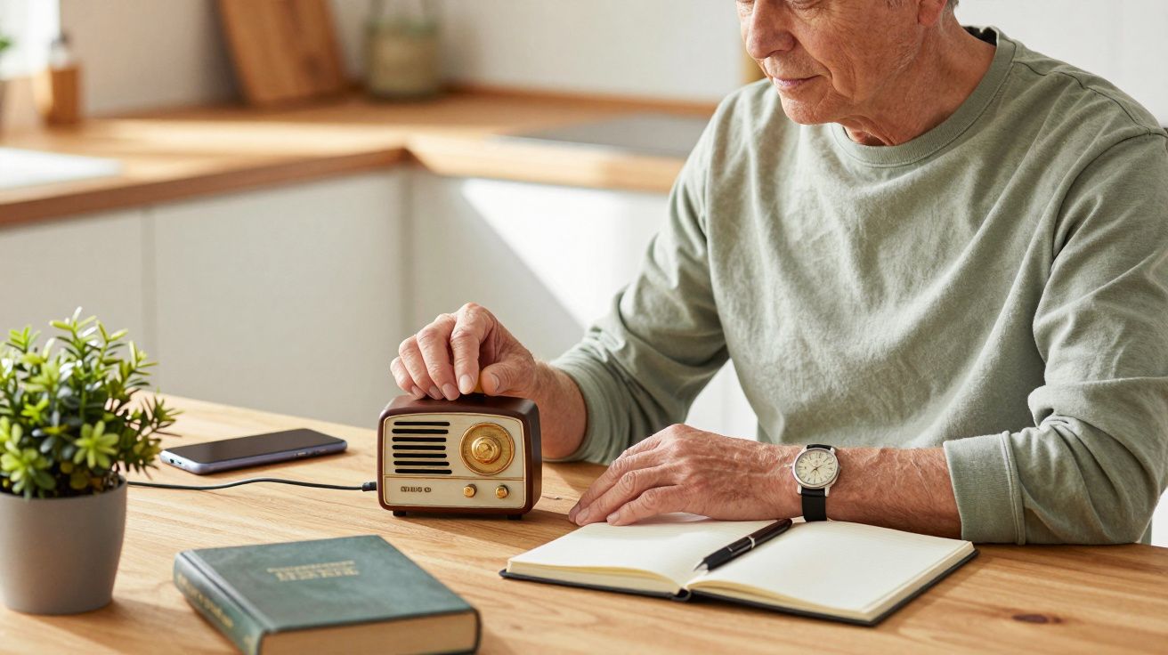 Starszy mężczyzna w swetrze przy stole, obsługujący małe radio i piszący w notatniku.