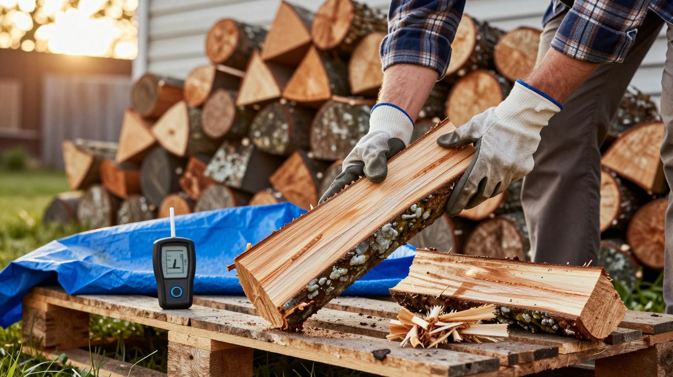 Osoba w rękawicach układa drewno na palecie, obok miernik wilgotności i stos drewna.