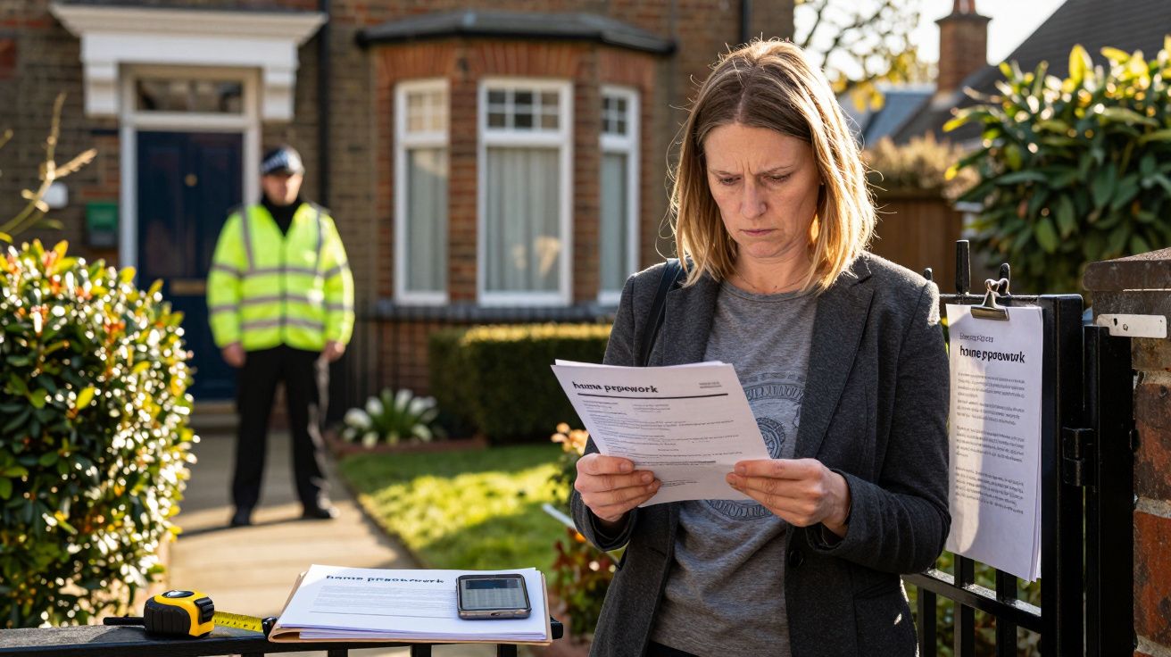 Kobieta czytająca dokument przed domem, w tle policjant na podwórku.