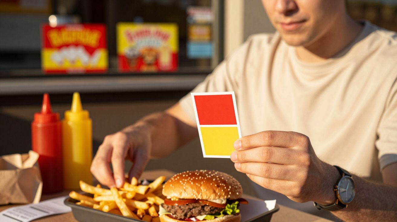 Mężczyzna przy stoliku z burgerem i frytkami trzyma kartę z kolorami.