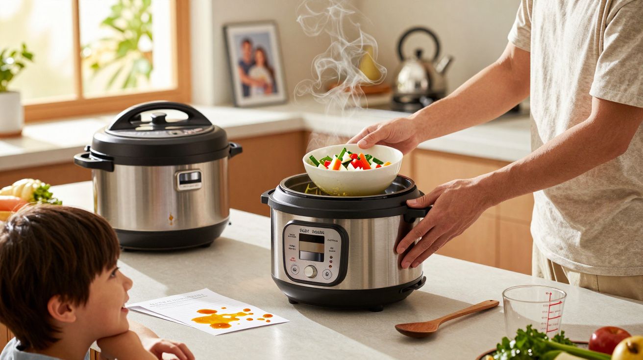 Osoba podaje misę jedzenia do szybkowaru w kuchni, dziecko patrzy zaciekawione.