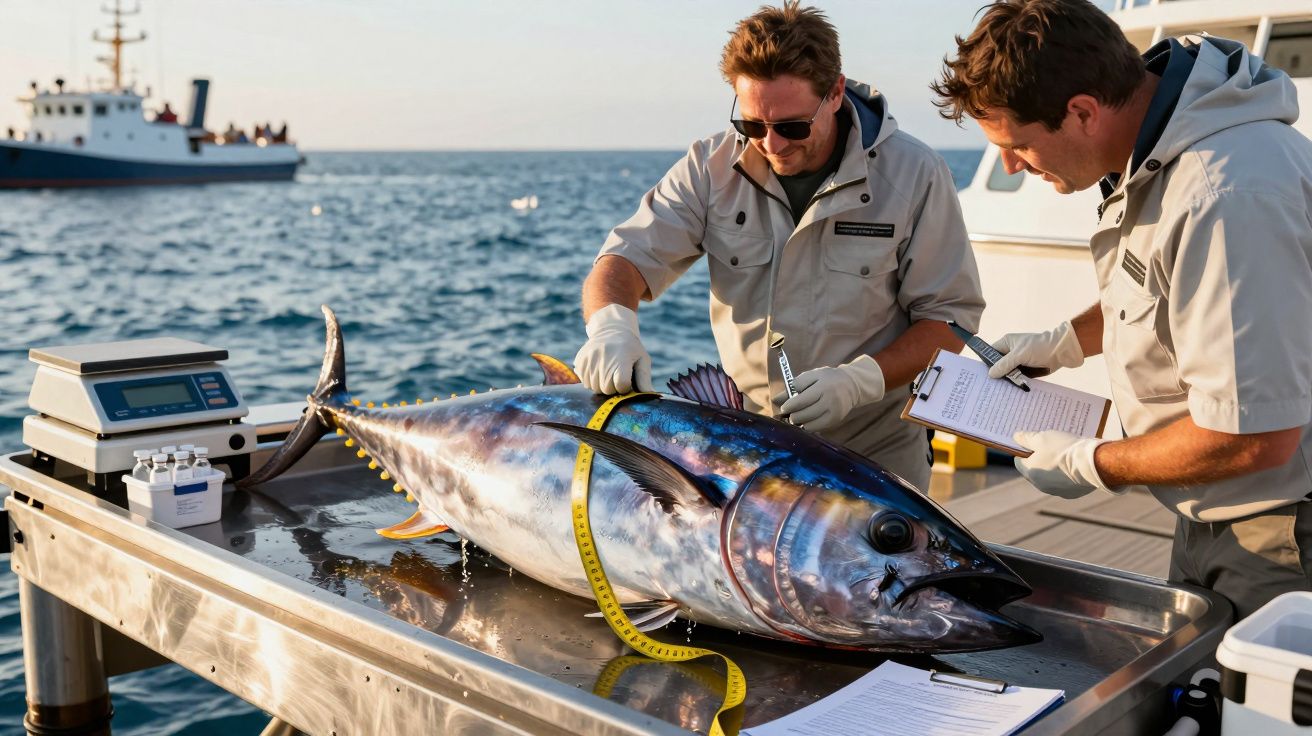 Dwóch mężczyzn bada dużego tuńczyka na stole laboratoryjnym na łodzi, w tle widać statek na morzu.