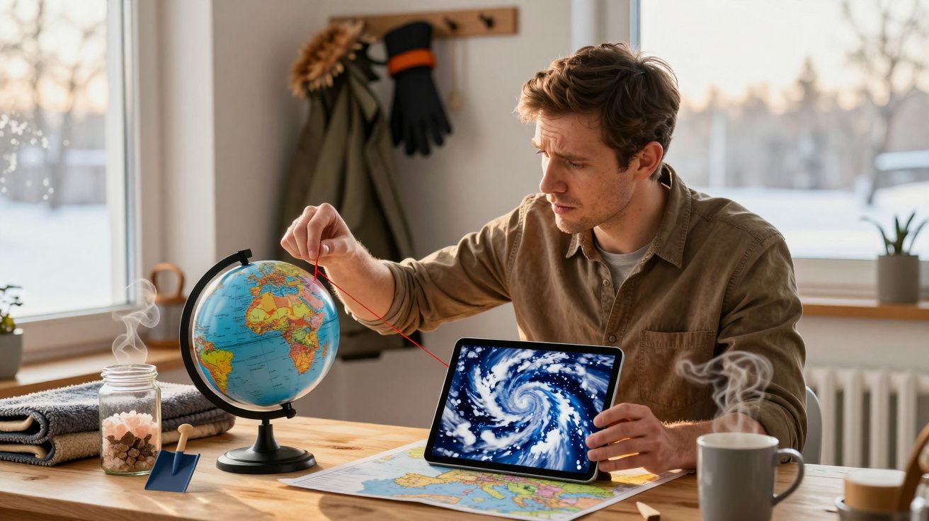 Mężczyzna przy biurku, wskazuje nitką na globus, obok tablet z obrazem cyklonu, mapa i kubek z parującym napojem.