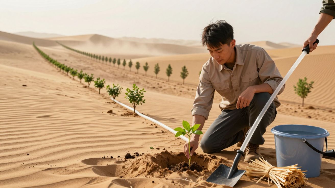 Mężczyzna sadzący drzewko na pustyni, z rzędem młodych roślin w tle.