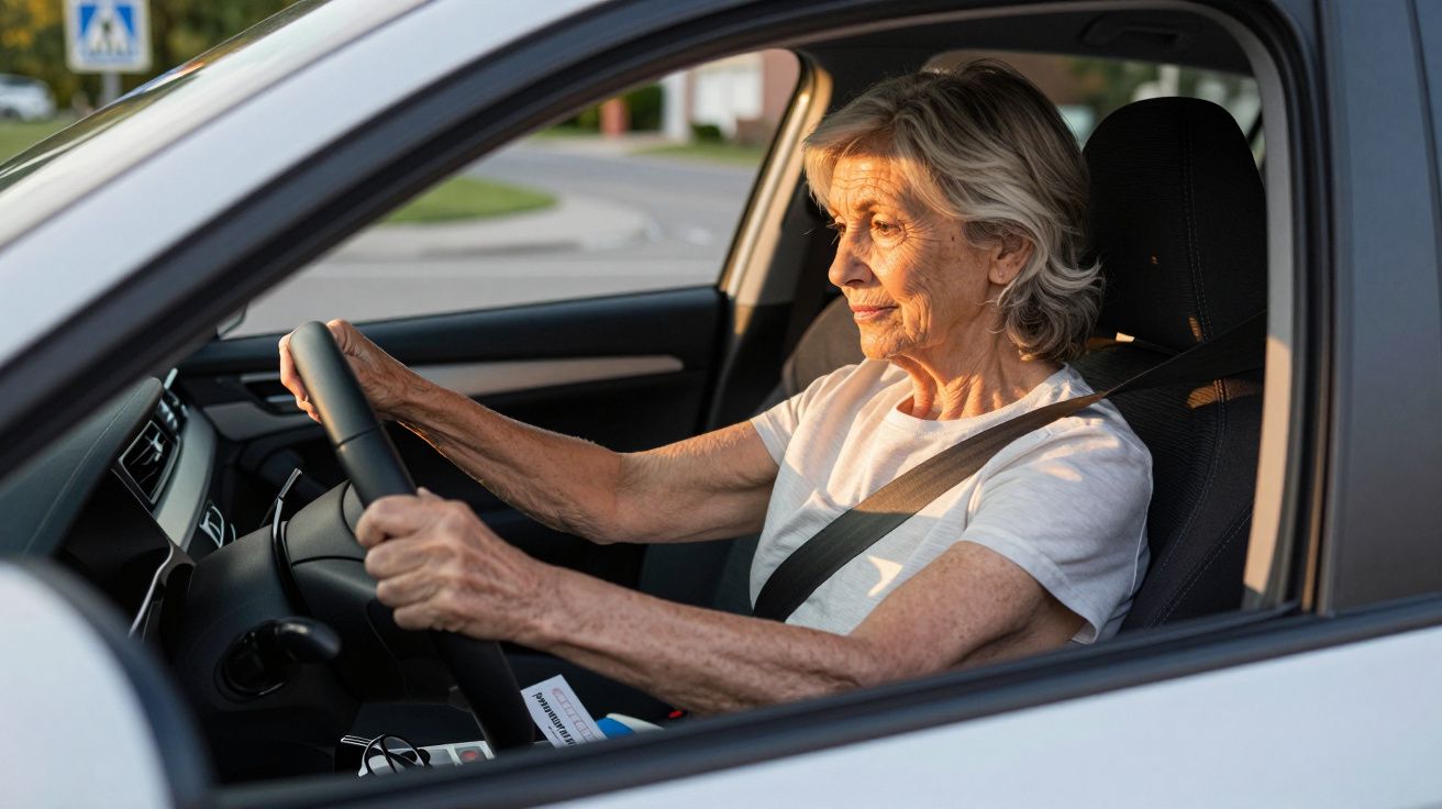 Starsza kobieta prowadzi samochód i nosi białą bluzkę, skupiona na drodze.