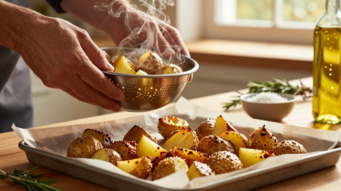 Dłoń trzymająca cedzak z gorącymi pieczonymi ziemniakami nad blachą, w tle zioła i butelka oliwy.