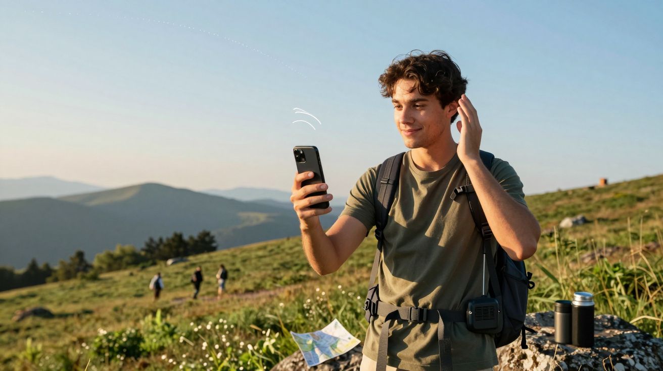 Mężczyzna na szlaku górskim używa smartfona, w tle mapy i termos.
