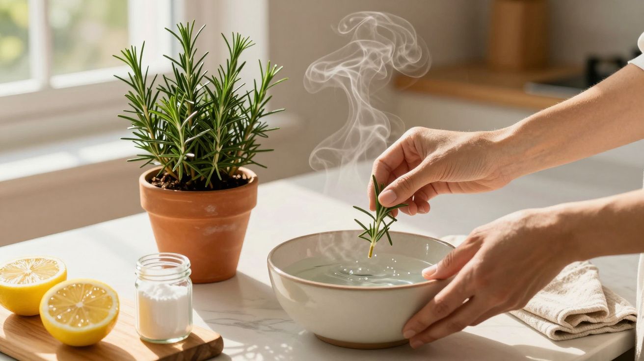 Osoba trzyma gałązkę rozmarynu nad misą z parującą wodą, obok doniczka z rozmarynem, cytryny i słoik z solą.