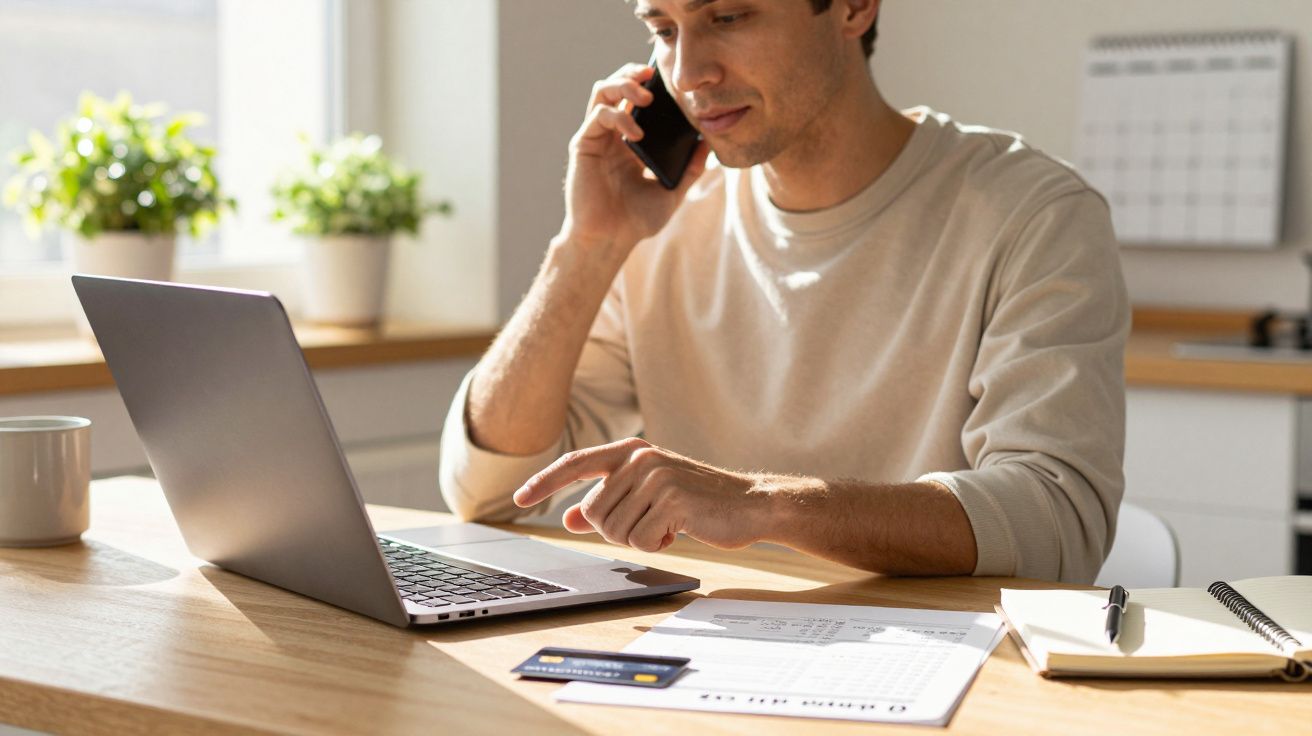 Mężczyzna przy biurku rozmawiający przez telefon, pracuje na laptopie, obok notatnik, długopis i karta bankowa.