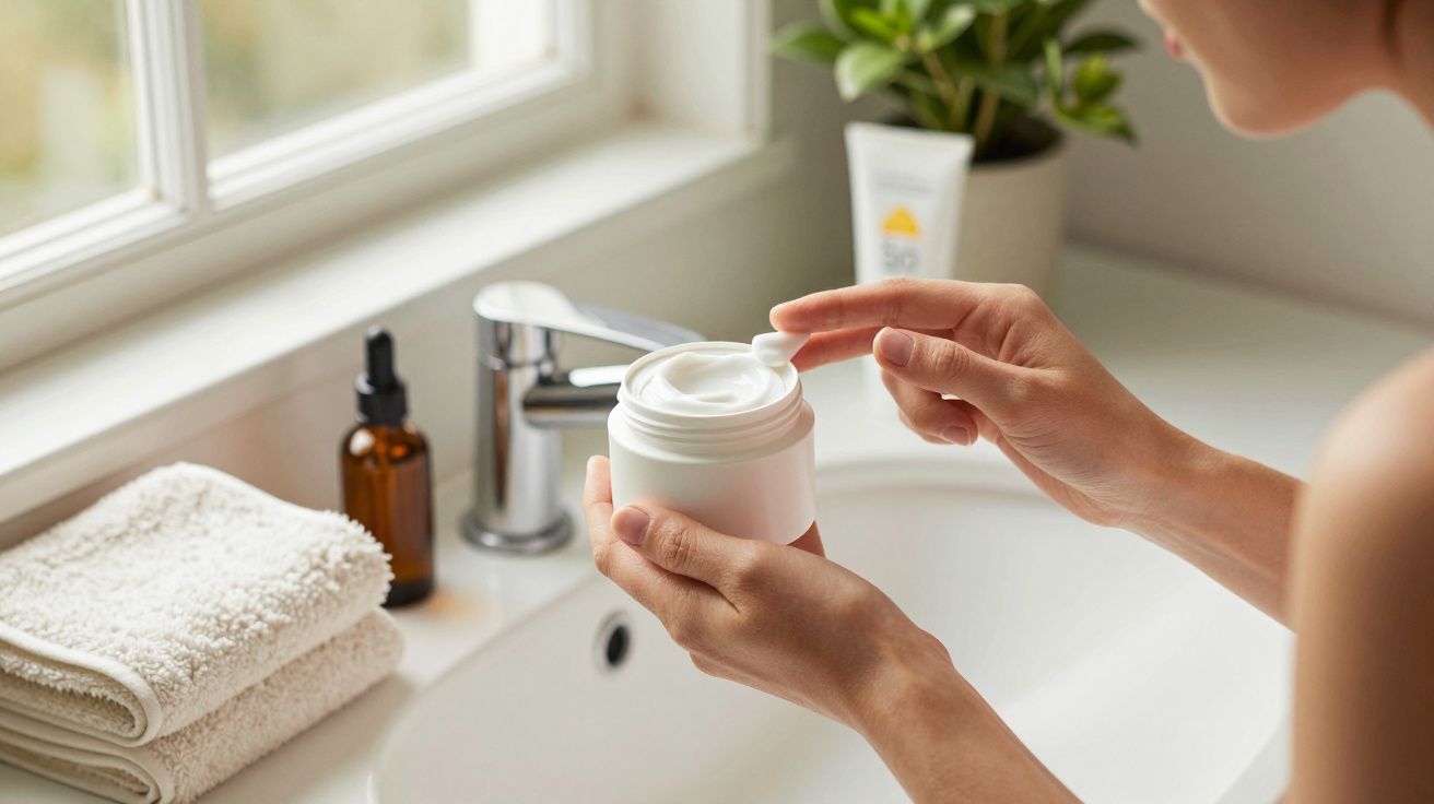Osoba nakłada krem z białego słoiczka w łazience, obok widać ręcznik i butelki.