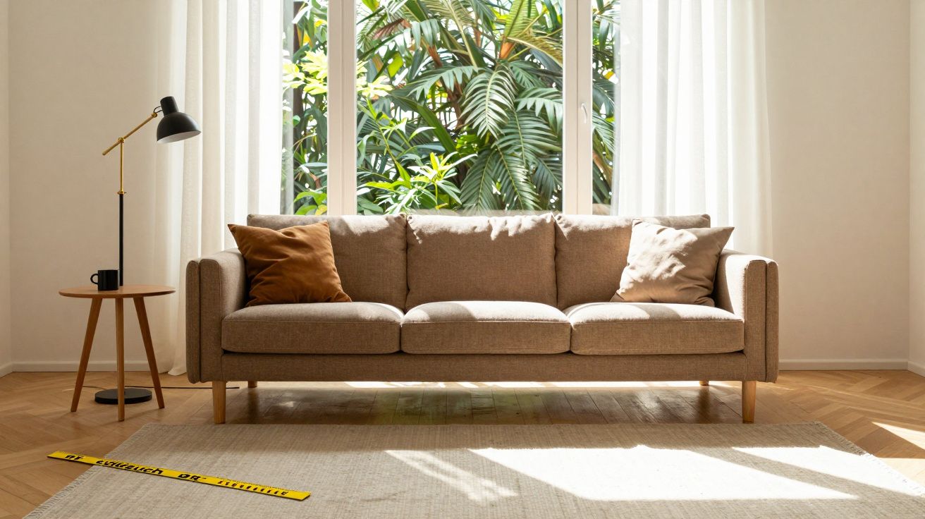 Beżowa sofa przed dużym oknem, obok stolik z lampą i kubkiem, w tle rośliny.