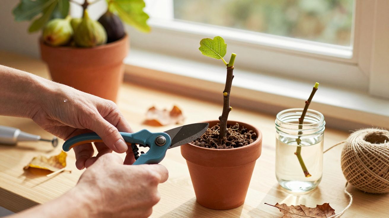 Osoba przycina małą roślinę w doniczce na parapecie, obok słoik z gałązką i szpulka sznurka.