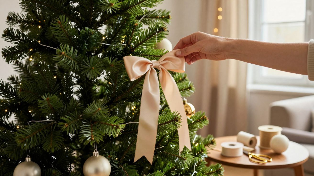 Ręka dekoruje choinkę złotą wstążką, w tle stół z ozdobami świątecznymi.