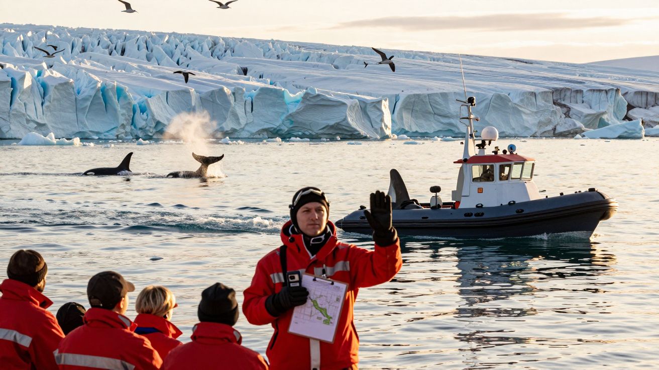 Osoby w czerwonych kurtkach obserwujące orki, statek i klif lodowy w tle.