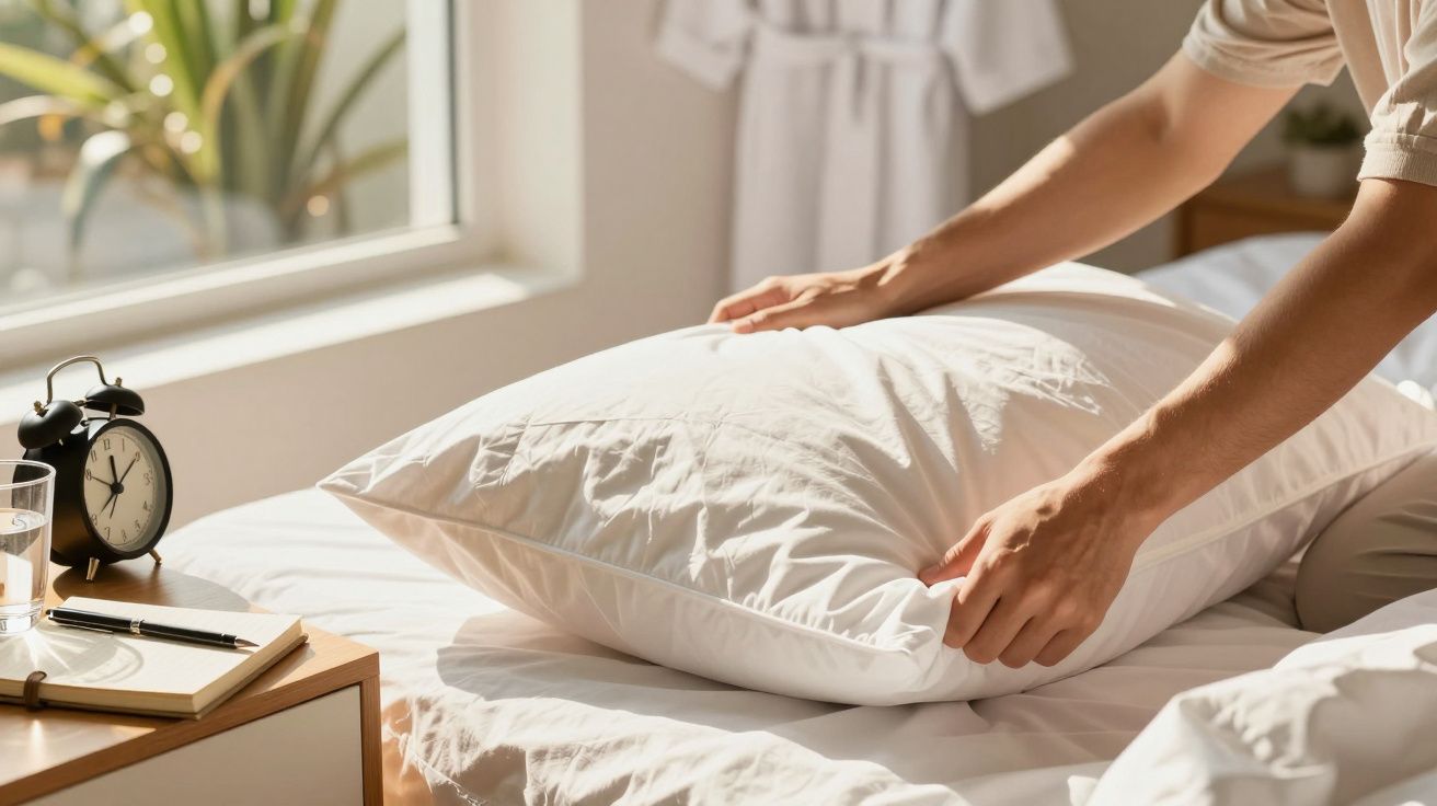 Osoba układa poduszkę na łóżku, obok stoi budzik i szklanka wody.