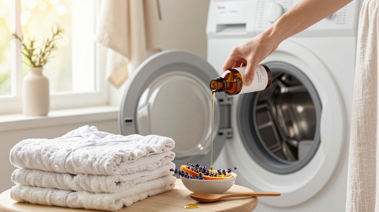 Osoba wlewa olejek eteryczny do miseczki przed praniem. Obok miski leży stos złożonych ręczników. W tle pralka.