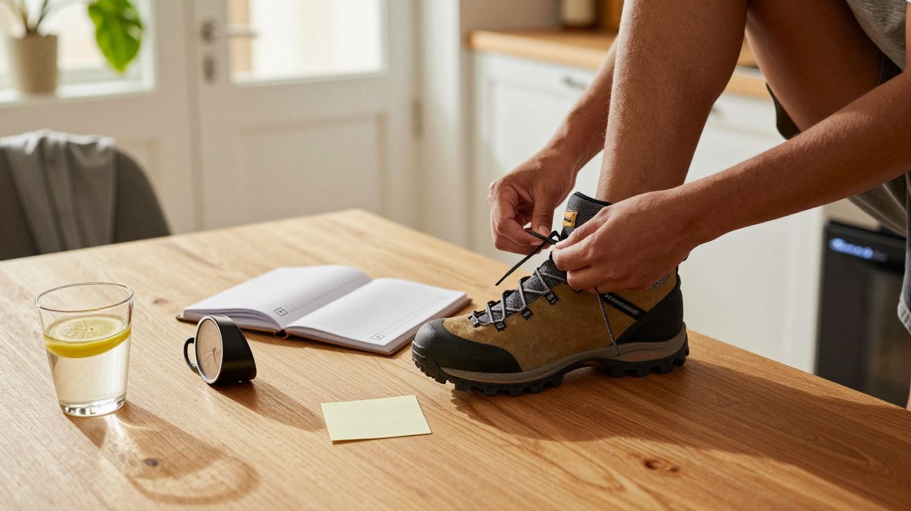 Osoba siedzi na stole i wiąże but turystyczny. Na stole szklanka wody z cytryną, notatnik i karteczka.