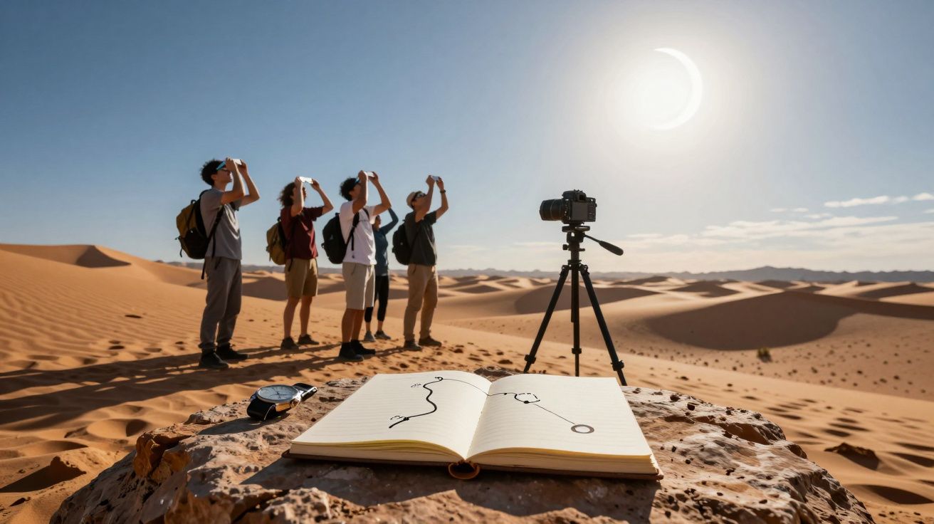 Osoby oglądają zaćmienie słońca na pustyni. Na pierwszym planie notes, kompas i aparat na statywie.