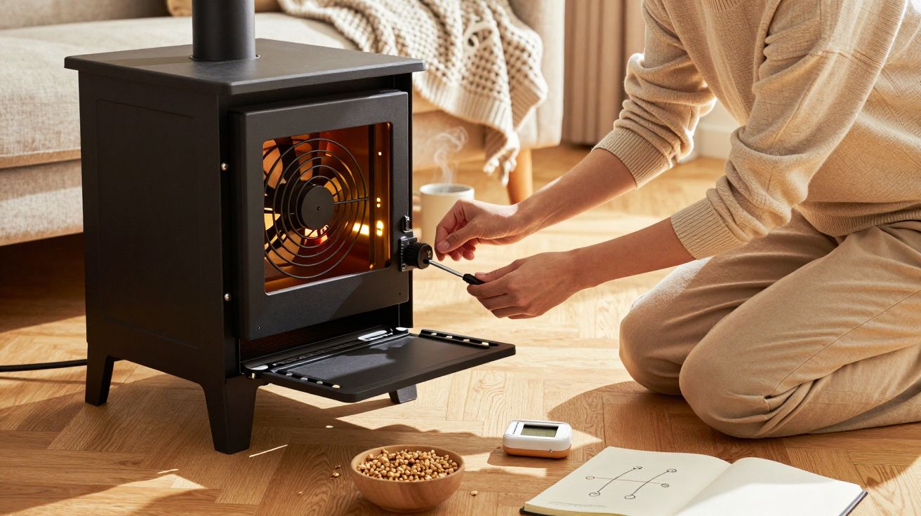 Osoba klęcząca przy kominku, regulująca pokrętło. Na podłodze leżą książka i miska z ziarnami.