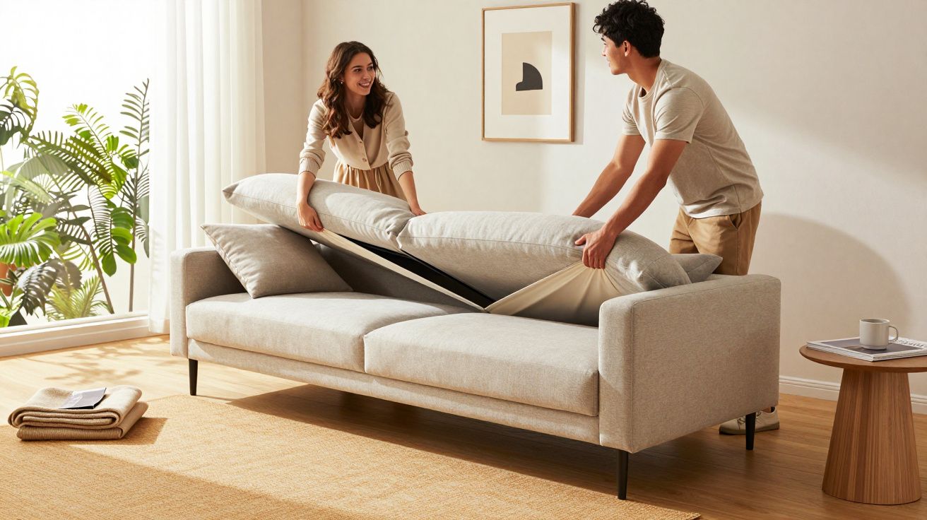 Para składająca kanapę w nowoczesnym salonie, na podłodze beżowy dywan i rośliny w tle.