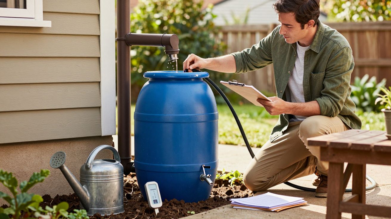 Mężczyzna sprawdza poziom wody w niebieskiej beczce przy domu, trzymając notatnik. Obok konewka i termometr gleby.