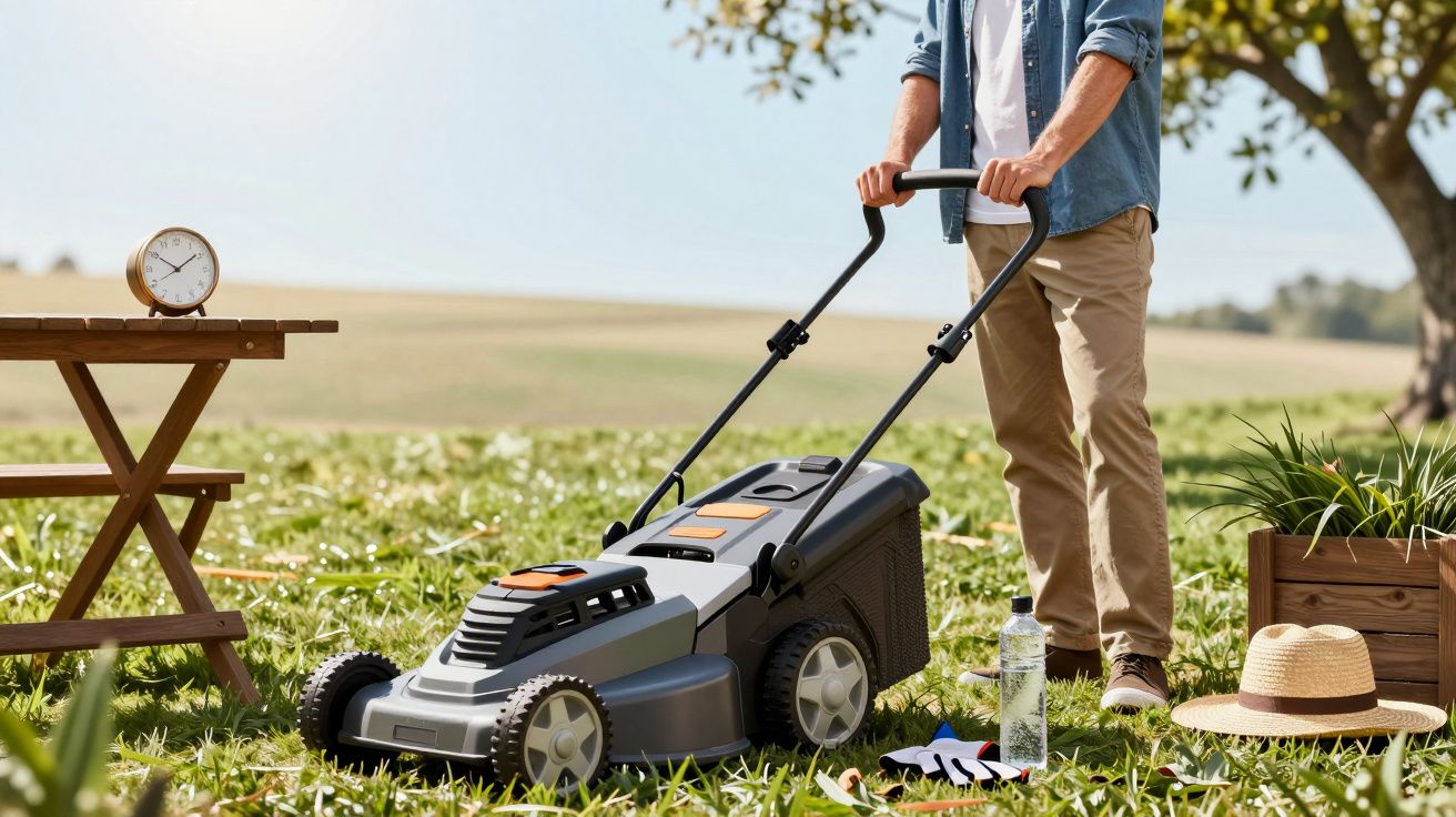 Osoba kosząca trawę kosiarką w ogrodzie, na stole budzik, w tle pola i drzewa.