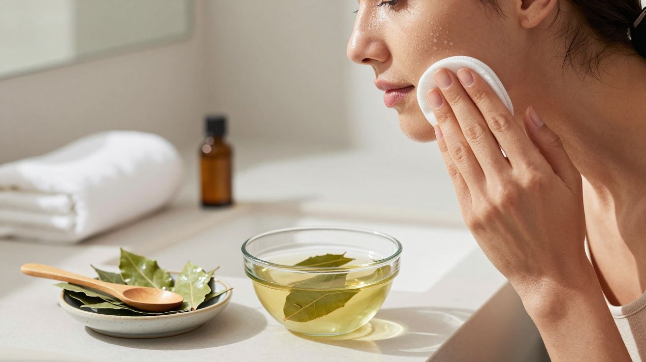 Kobieta przeciera twarz wacikiem w łazience, obok miska z liśćmi i ręcznik.