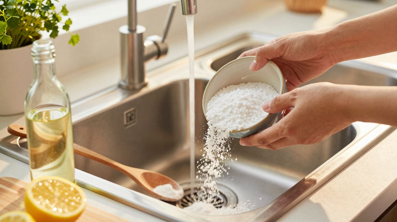 Osoba wsypuje sól kuchenną do zlewu, w tle woda z kranu, cytryna i olej.